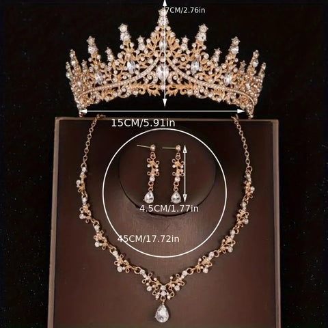 Bridal Wedding Jewelry 4-piece Set, Alloy Crystal Crown&Crystal Necklace&Earrings Women's Classic Wedding Tiaras Ewkiki