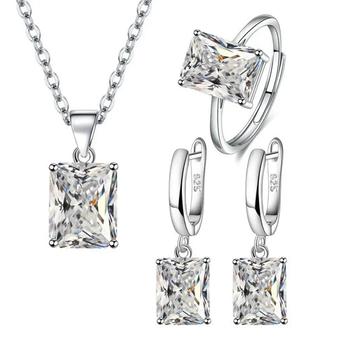 925 Sterling Silver Elegant Jewelry Sets Ring Earrings Necklace For Women Rectangle Geometry Zircon Wedding Accessories Ewkiki