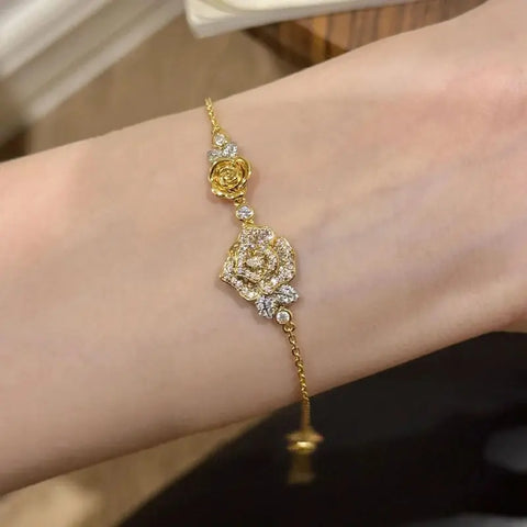 Romantic Sparkling Yellow Rose flower jewelry sets Luxury Exquisite Wedding Engagement inlay Diamond Bracelet Necklace Ring Ewkiki