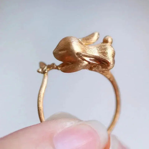 Cute and Exquisite Rabbit Jewelry Sets New in Fun Matte Ancient Gold Craft Earrings for Women Ring Necklace Gifts to Girlfriend Ewkiki