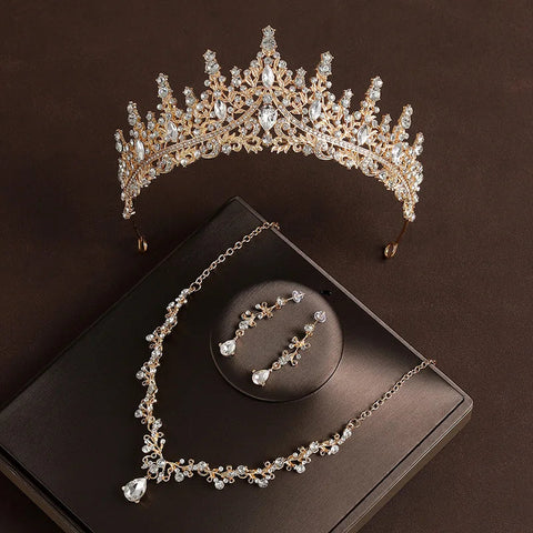 Bridal Wedding Jewelry 4-piece Set, Alloy Crystal Crown&Crystal Necklace&Earrings Women's Classic Wedding Tiaras Ewkiki