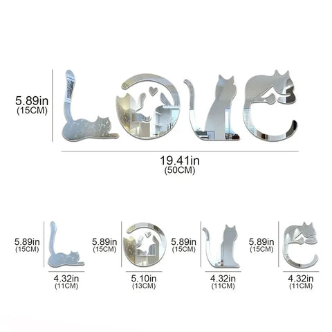 3D LOVE Cat Mirror Wall Sticker Acrylic Paste Home Decoration Cats Wallpaper Bathroom Bedroom Living Door Modern Home Decoration Ewkiki