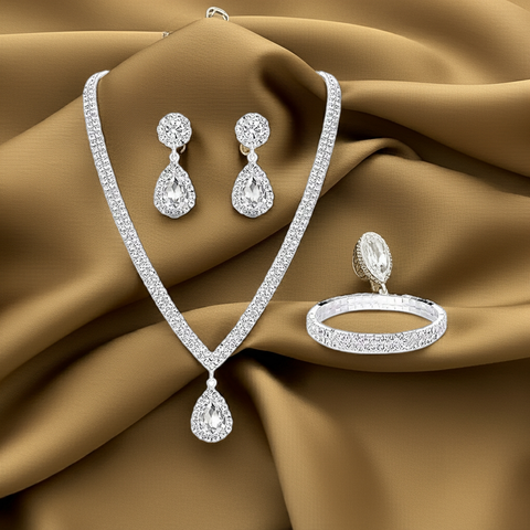 4 Pieces Luxurious Jewelry Set Exquisite Rhinestone Pendant Elegant Women's Crystal Silver Plated Necklace Earrings Bracelet Set